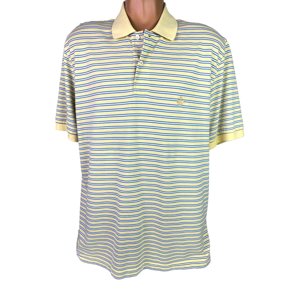 Brooks Bro. Performance Polo Mens Shirt Size L Short Sleeve Yellow & Blue Stripe